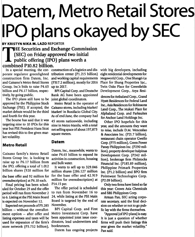 Datem Metro Retail Stores IPO plans okayed by SEC Manila Times