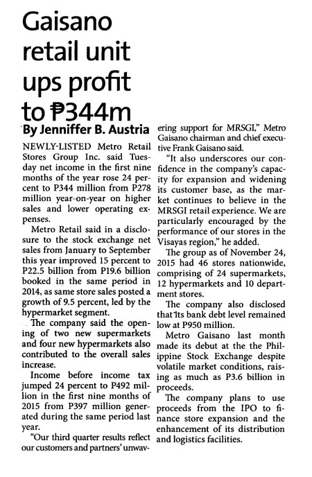 Gaisano retail unit ups profit to P344M The Standard