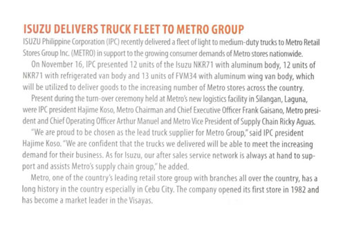 ISUZU DELIVERS TRUCK FLEET TO METRO GROUP Manila Times