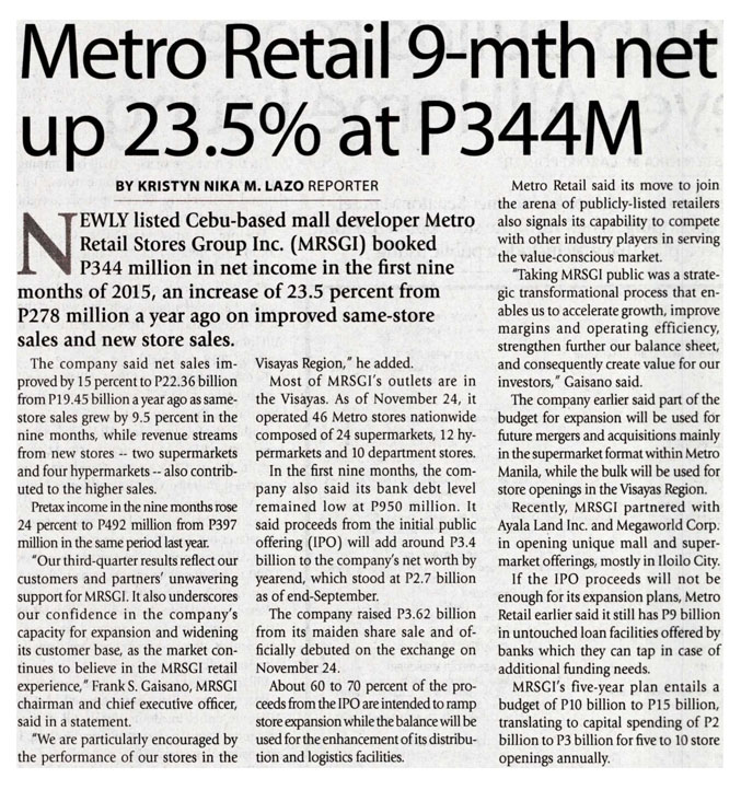 Metro Retail bucks bearish market in debut | The Philippine Star