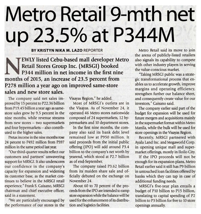 Metro Retail 9 mth net up 23.5 at P344M Manila Times