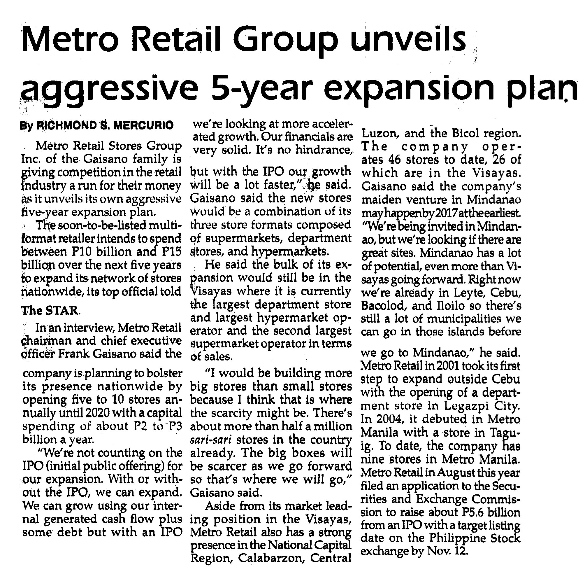 Metro Retail Group unveils aggressive 5­-year expansion plan | The ...