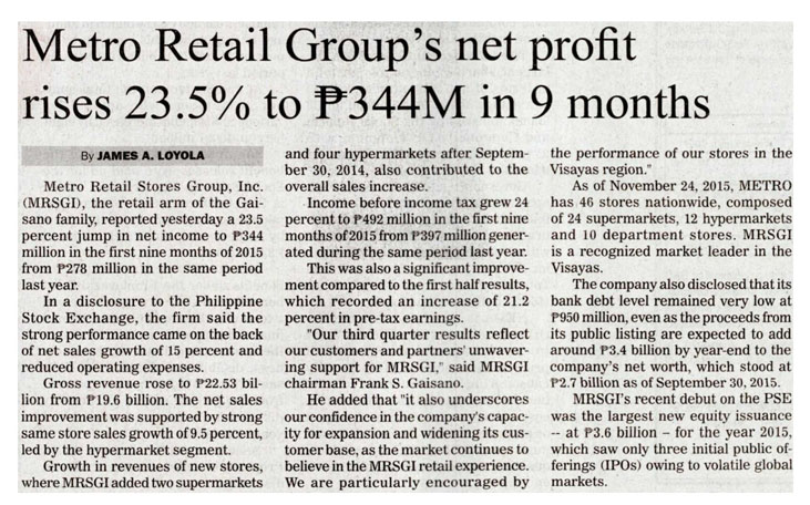 Metro Retail Groups net profit rises 23.5 to P344m in 9 months Manila Bulletin