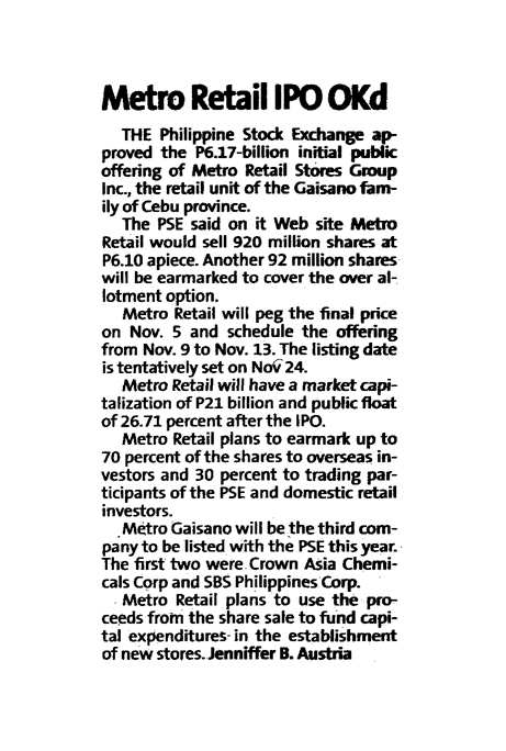 Metro Retail IPO OKd The Standard