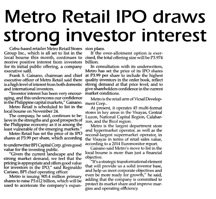 Metro Retail IPO draws strong investor interest | The Philippine Star
