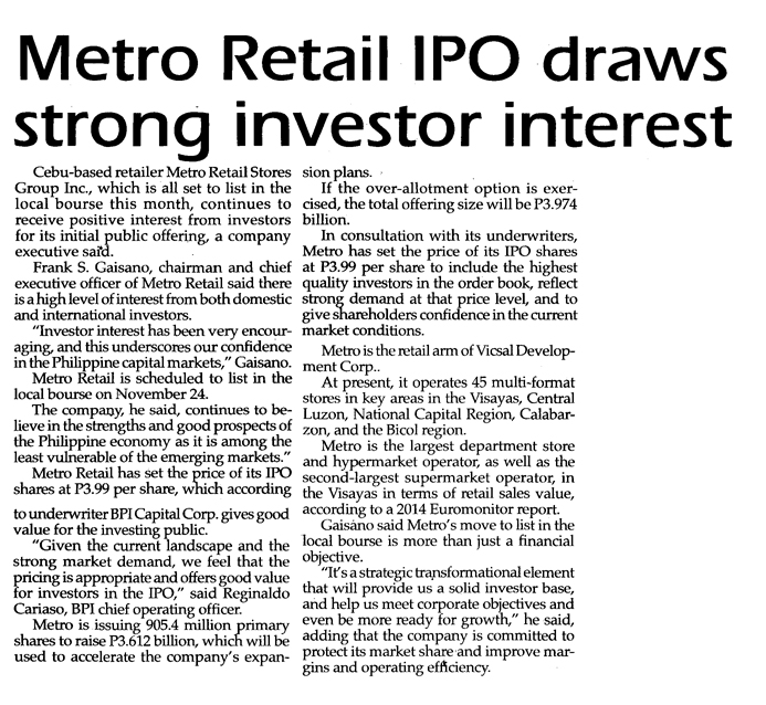 Metro Retail IPO draws strong investor interest The Philippine Star