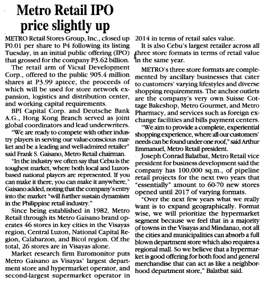 Metro Retail IPO price slightly up Malaya