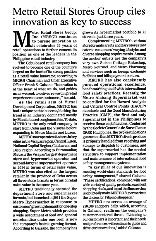 Metro Retail Stores Group cites innovation as key to success Manila Bulletin