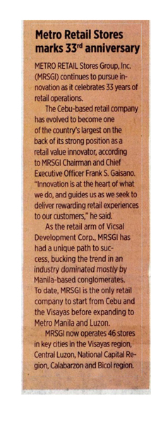 Metro Retail Stores marks 33rd anniversary Business World