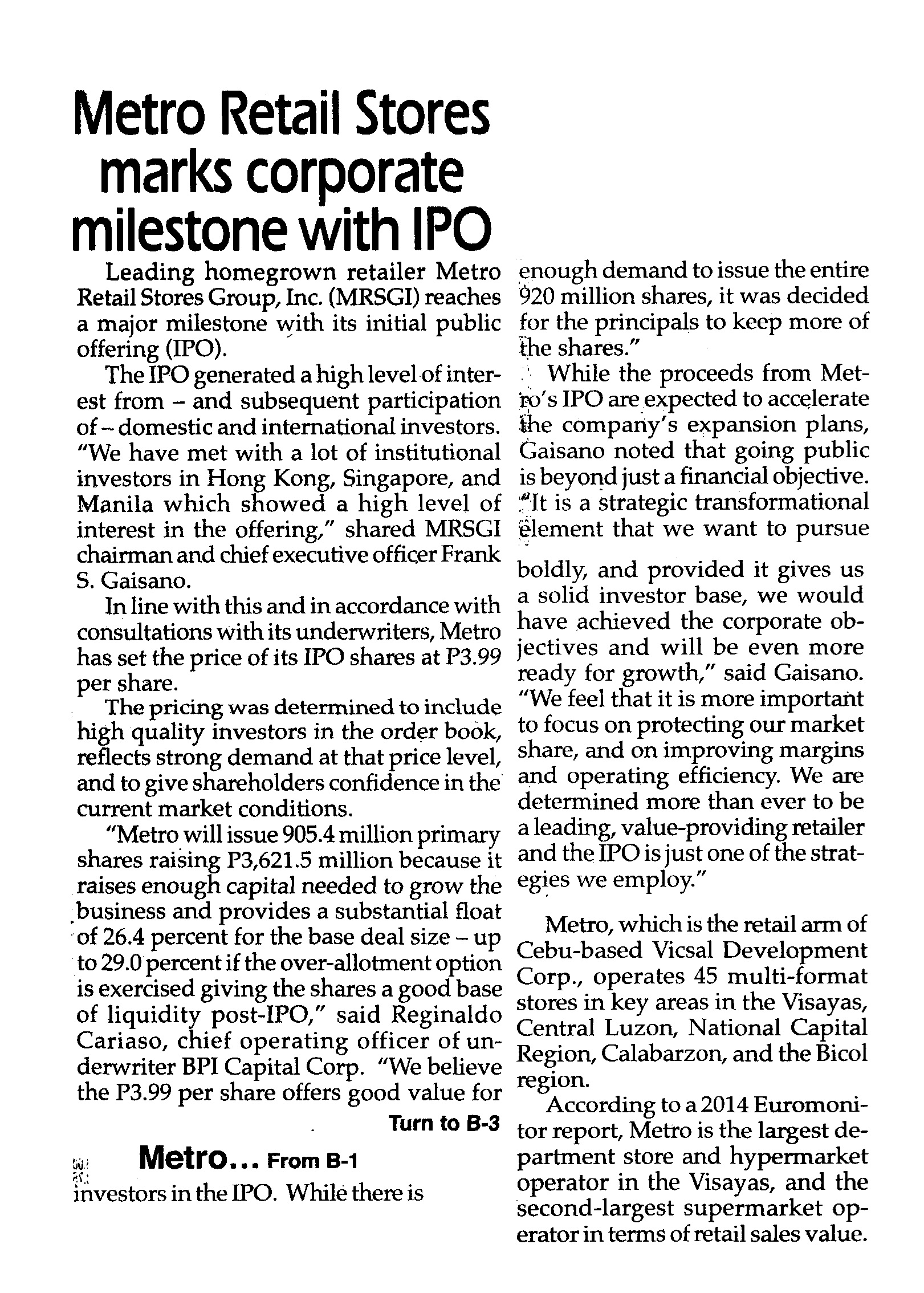 Metro Retail Stores marks corporate milestone with IPO The Philippine Star