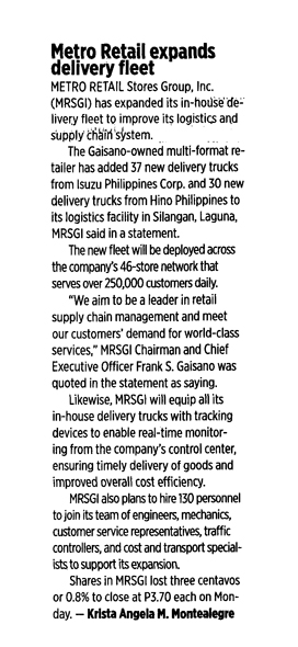 Metro Retail expands delivery fleet Business World
