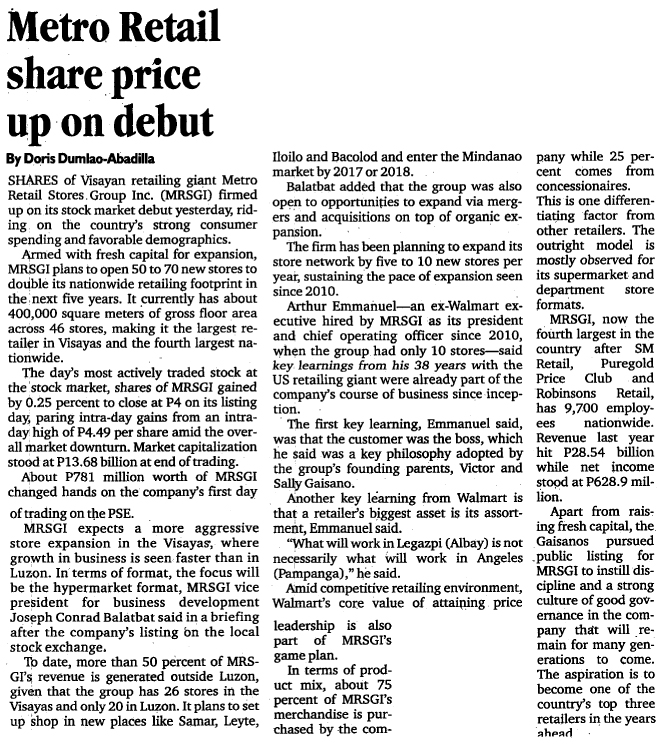 Metro Retail share price up on debut Philippine Daily Inquirer