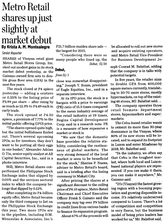 Metro Retail shares up just slightly at market debut Business World