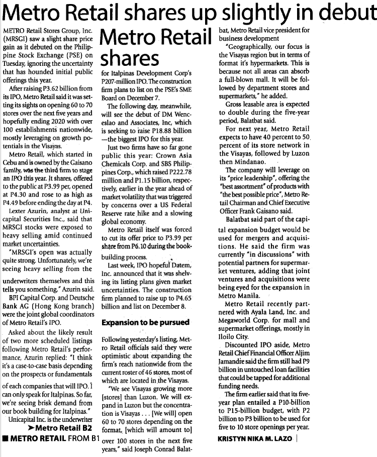 Metro Retail shares up slightly in debut Manila Times