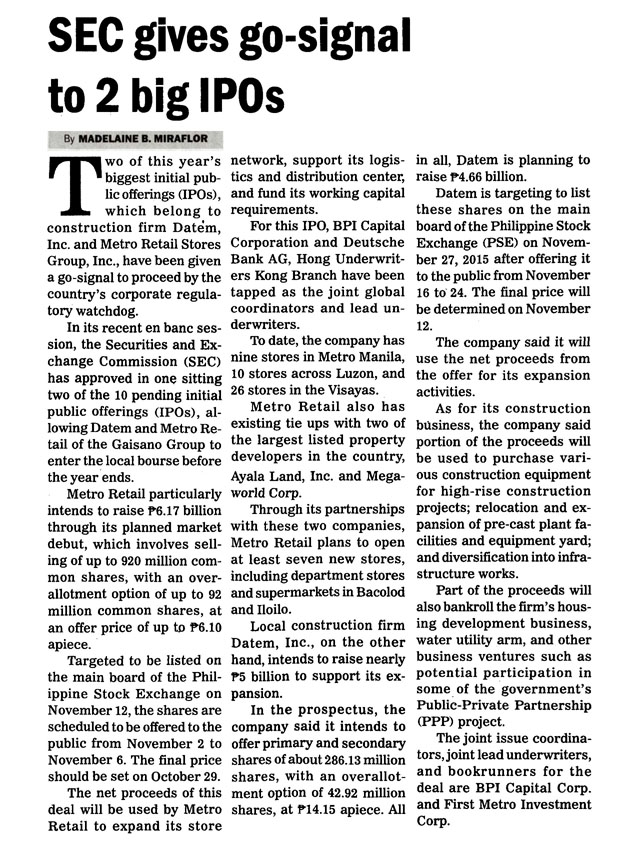 SEC gives go signal to 2 big IPOs Manila Bulletin