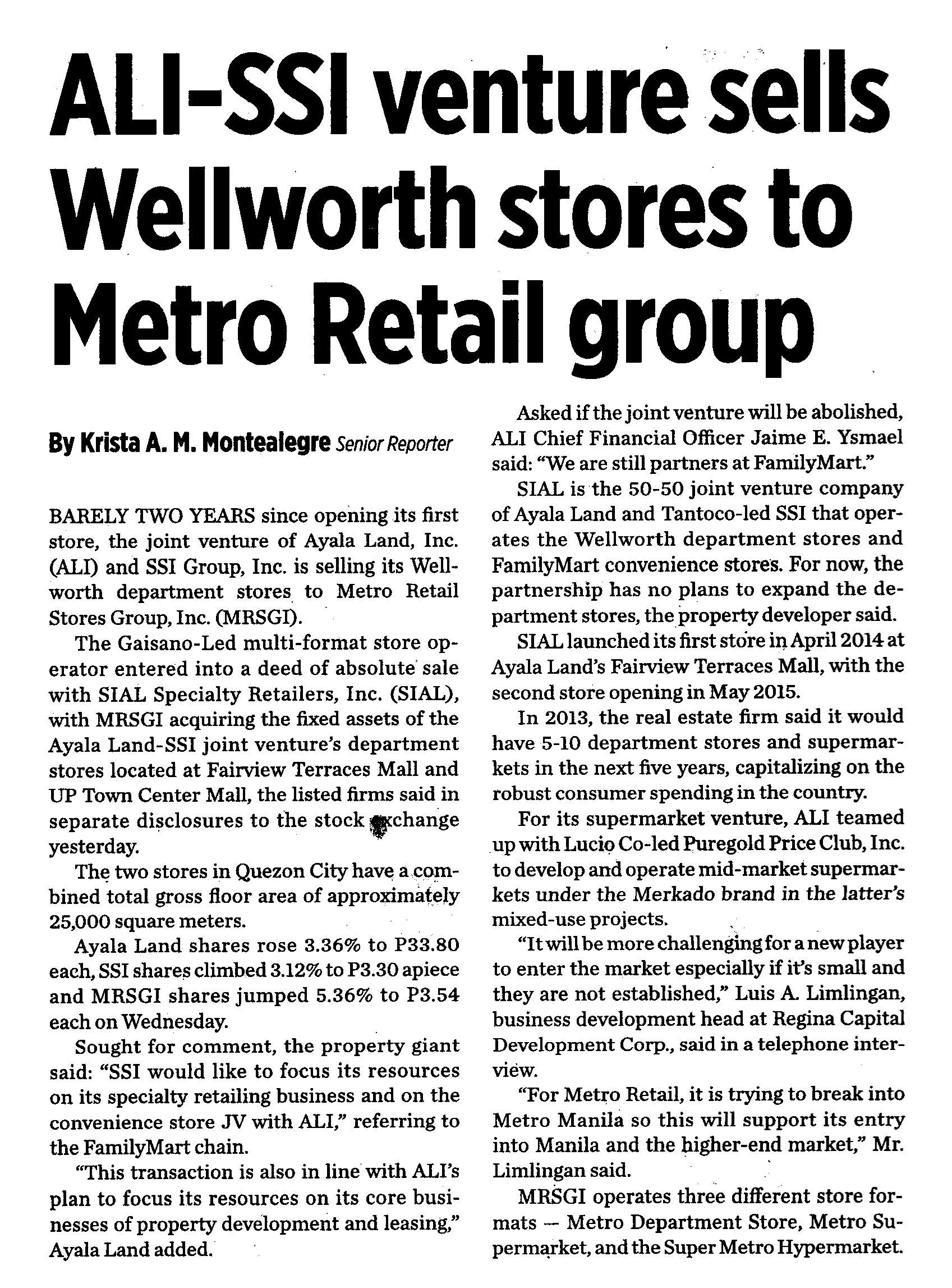 ALI SSI venture sells Wellworth stores to Metro Retail Group Business World