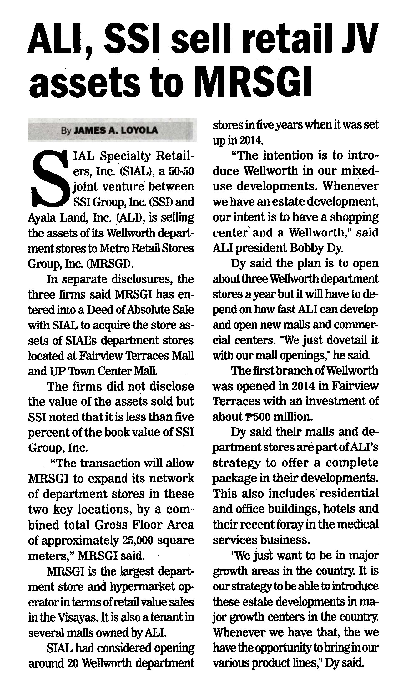 ALI SSI sell retail JV assets to MRSGI Manila Bulletin
