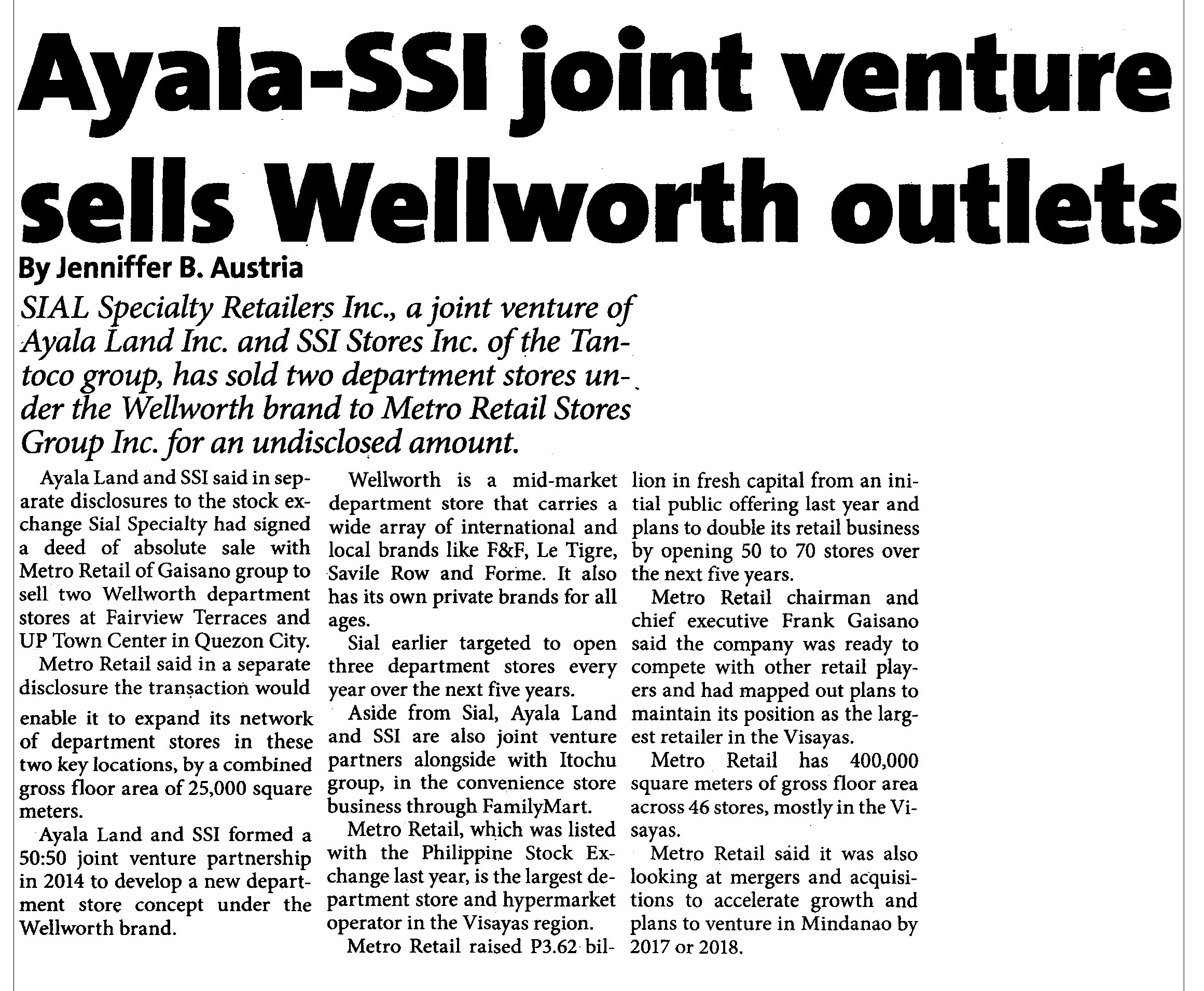 Ayala SSI joint venture sells Wellworth outlets The Standard