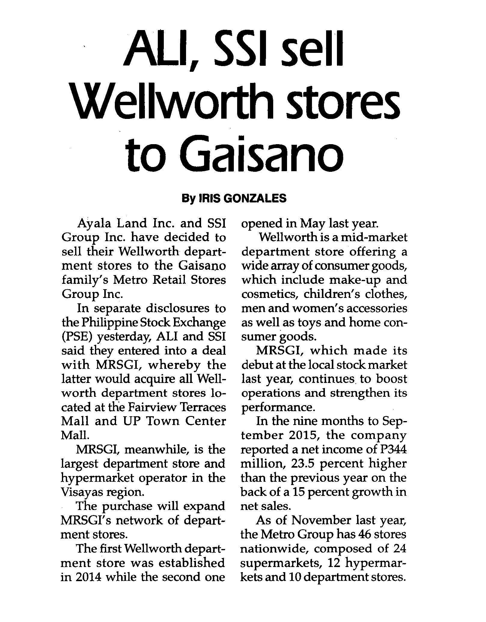 Ayala SSI sell Wellworth stores to Gaisano The Philippine Star