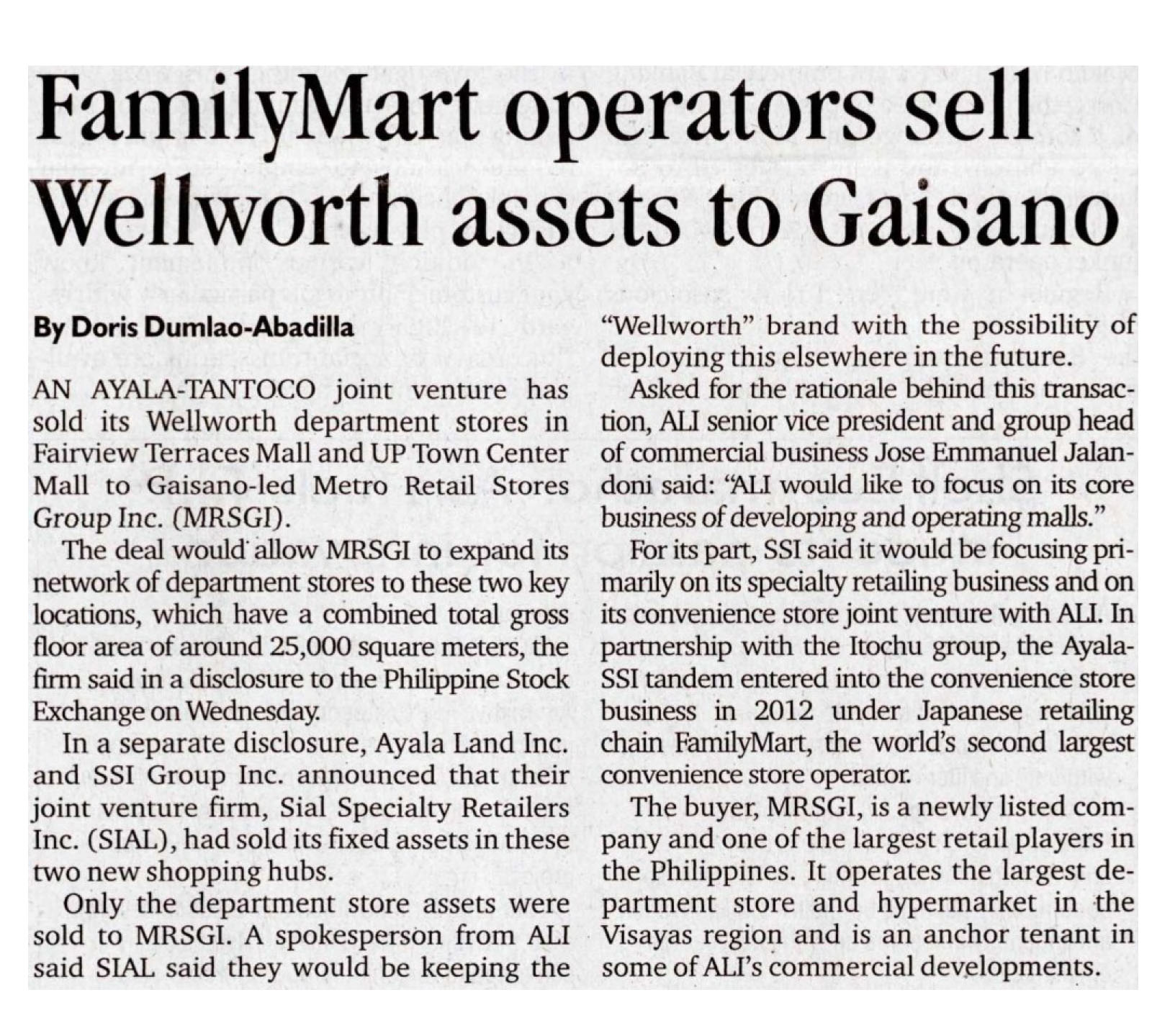 FamilyMart operators sell Wellworth assets to Gaisano Philippine Daily Inquirer