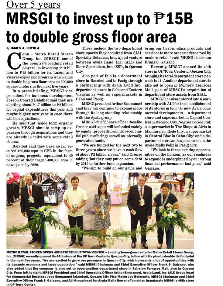 MRSGI to invest up to P15B to double gross floor area