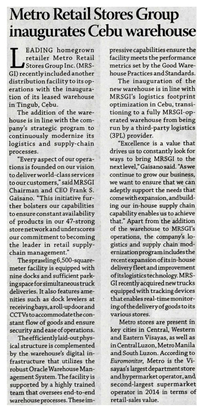 Metro Retail Stores Group inaugurates Cebu warehouse Business Mirror