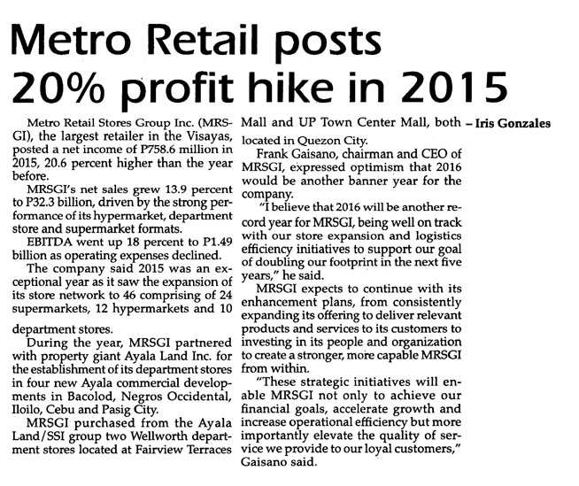 Metro Retail posts 20 percent profit hike The Philippine Star