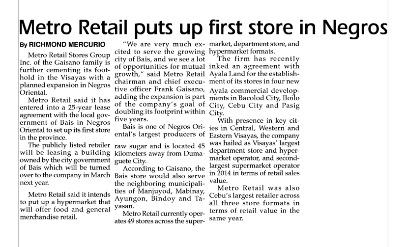 Metro Retail puts up first store in Negros