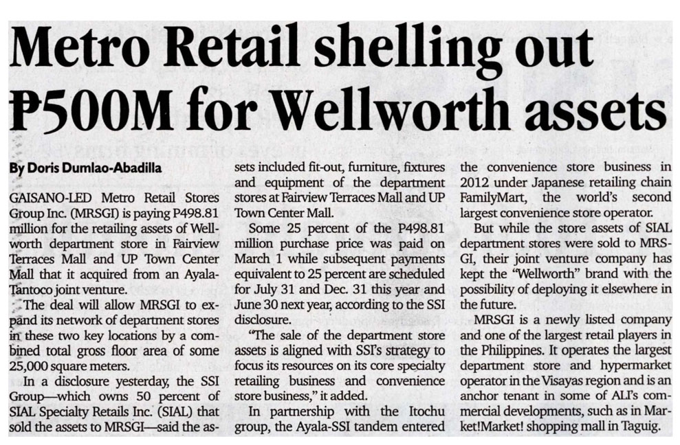 Metro Retail shelling out P500M for Wellworth assets | Philippine Daily ...