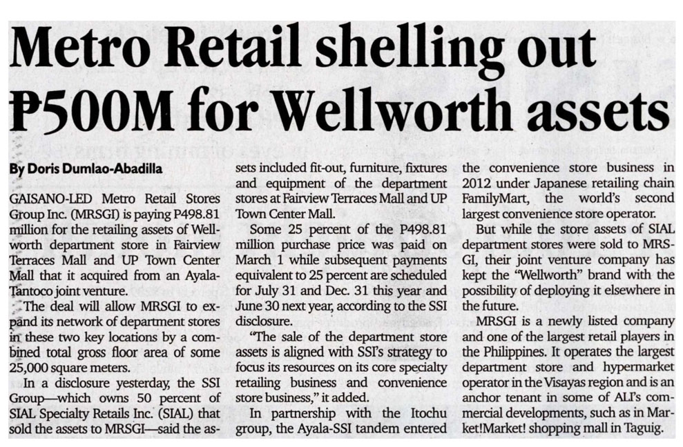 Metro Retail shelling out P500M for Wellworth assets Philippine Daily Inquirer