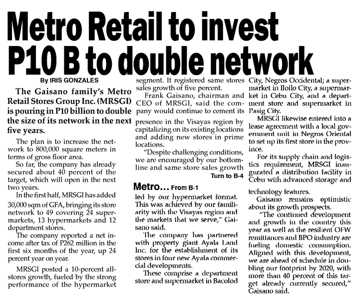 Metro Retail to invest P10B to double network | The Philippine Star