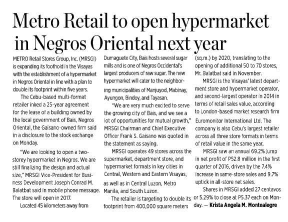 Metro Retail to open hypermarket in Negros Oriental next year