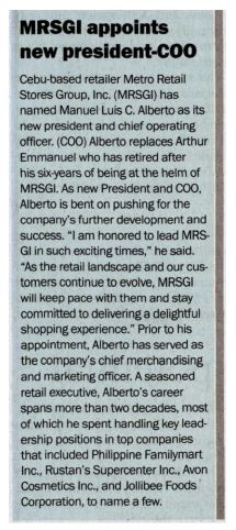 MRSGI appoints new president COO Manila Bulletin Sunday
