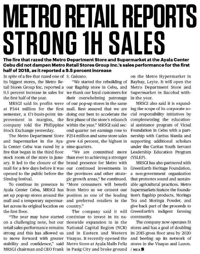 Metro Retail Reports Strong 1H Sales