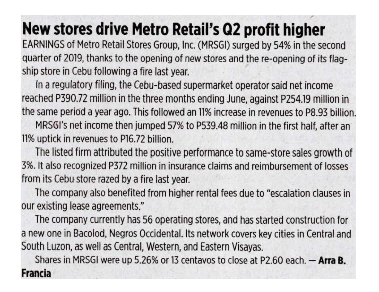 August 8 2019 New stores drive Metro Retails Q2 profit higher Business World