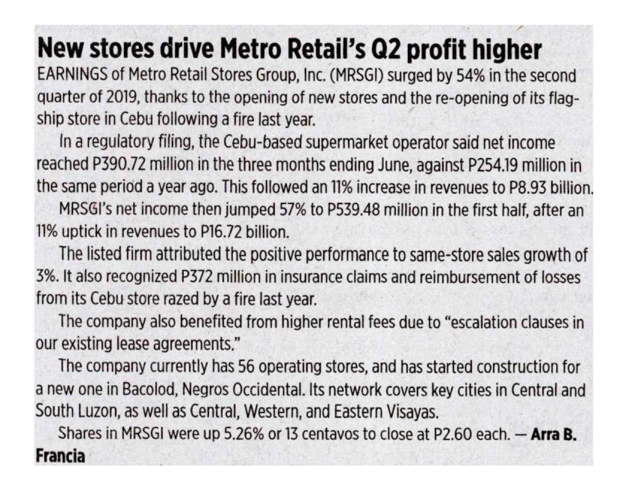New stores drive Metro Retail's Q2 profit higher - Business World