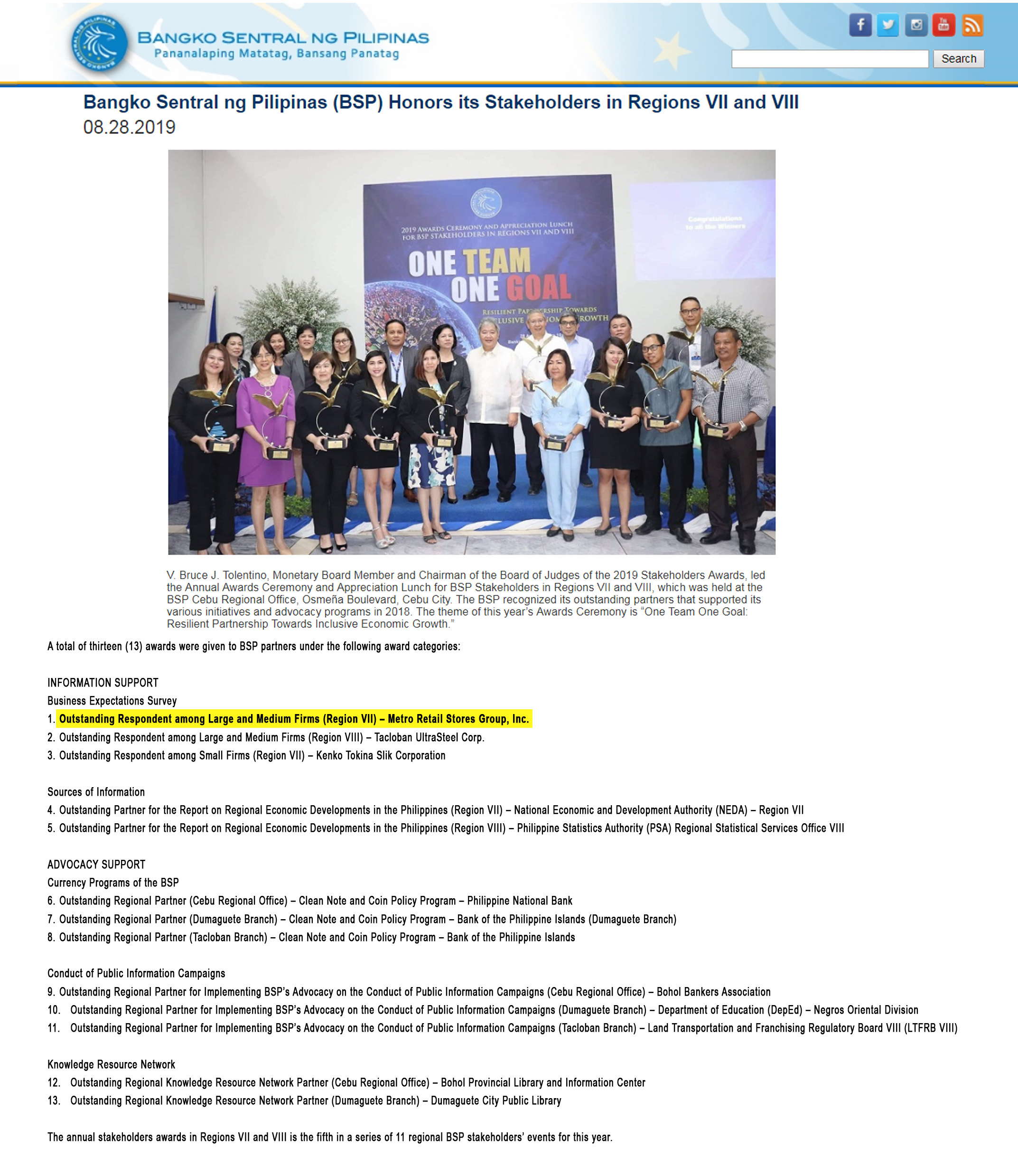 Bangko Sentral ng Pilipinas BSP Honors its Stakeholders in Regions VII Bangko Sentral ng Pilipinas www.bsp.gov.ph
