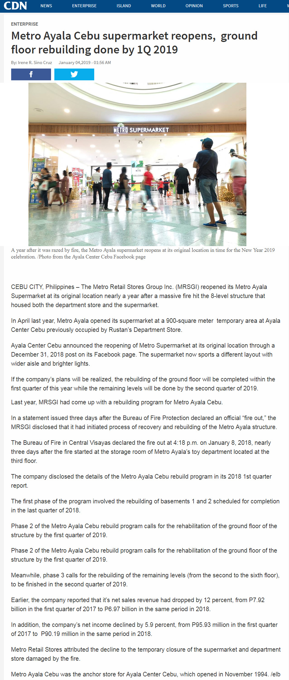 January 4 2019 Metro Ayala Cebu supermarket reopens ground floor rebuilding done by 1Q 2019 Cebu Daily News cebudailynews.inquirer.net