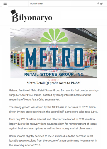 Metro Retail Q1 profit soars to P148M Bilyonaryo www.bilyonaryo.com.ph