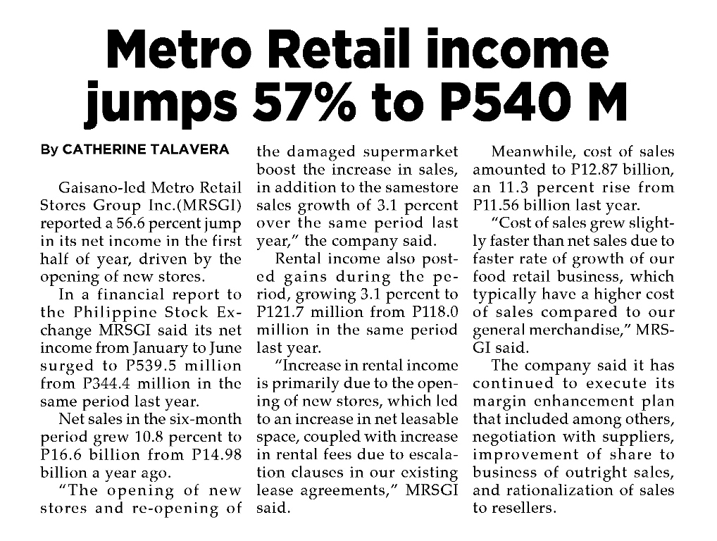 Metro Retail income jumps 57 percent to P540 M - The Philippine Star