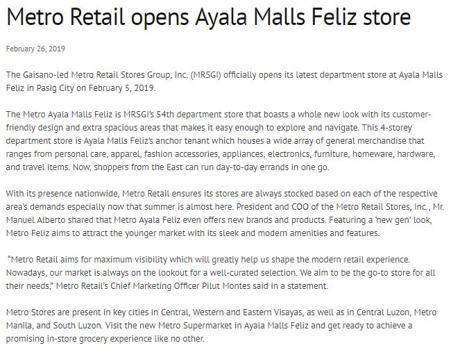 Metro Retail opens Ayala Malls Feliz store www.malaya.com.ph