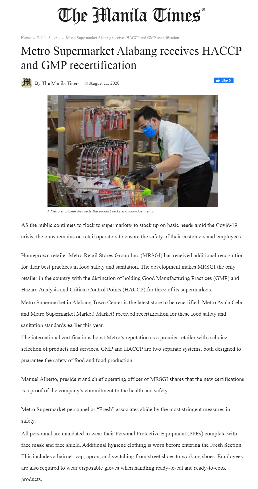 August 11 2020 Metro Supermarket Alabang receives HACCP and GMP recertification Manila Times www.manilatimes.net