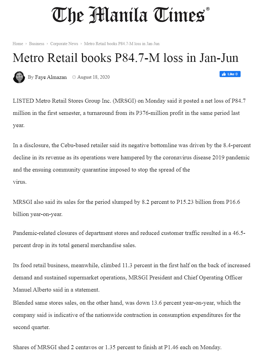 August 18 2020 Metro Retail books P84.7 M loss in Jan Jun Manila Timesmanilatimes.net
