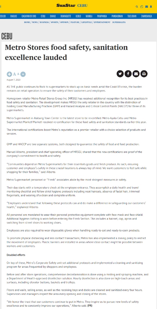 August 8 2020 Metro Stores food safety sanitation excellence lauded Sun Star Cebu www.sunstar.com.ph