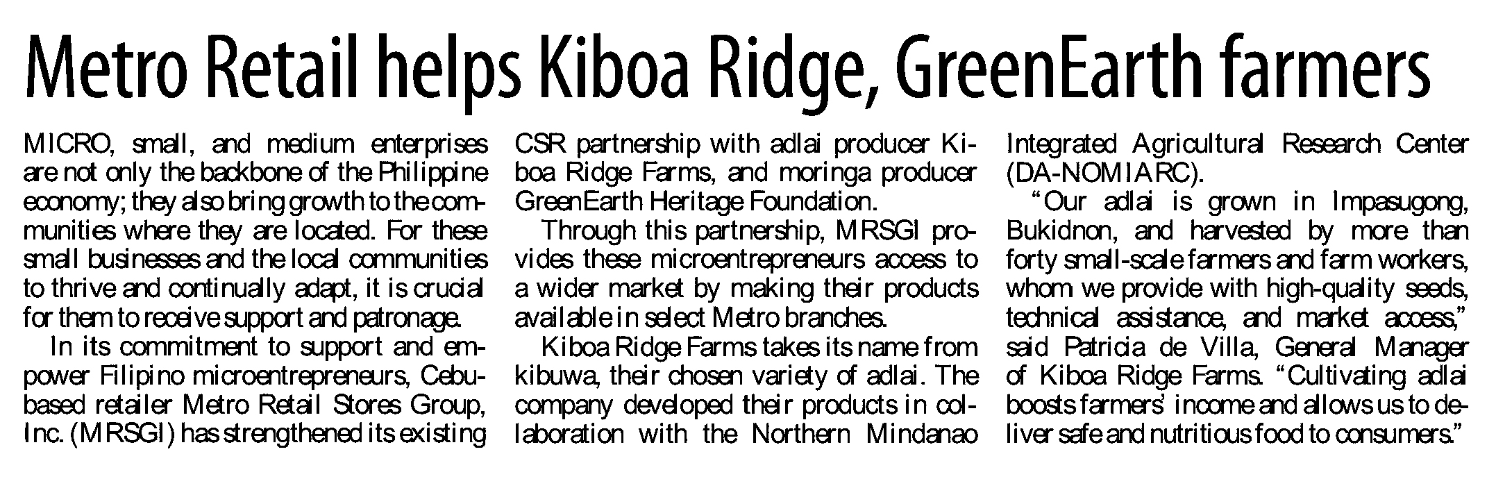 December 25 2020 Metro Retail helps Kiboa Ridge GreenEarth farmers Manila Standard Philippines