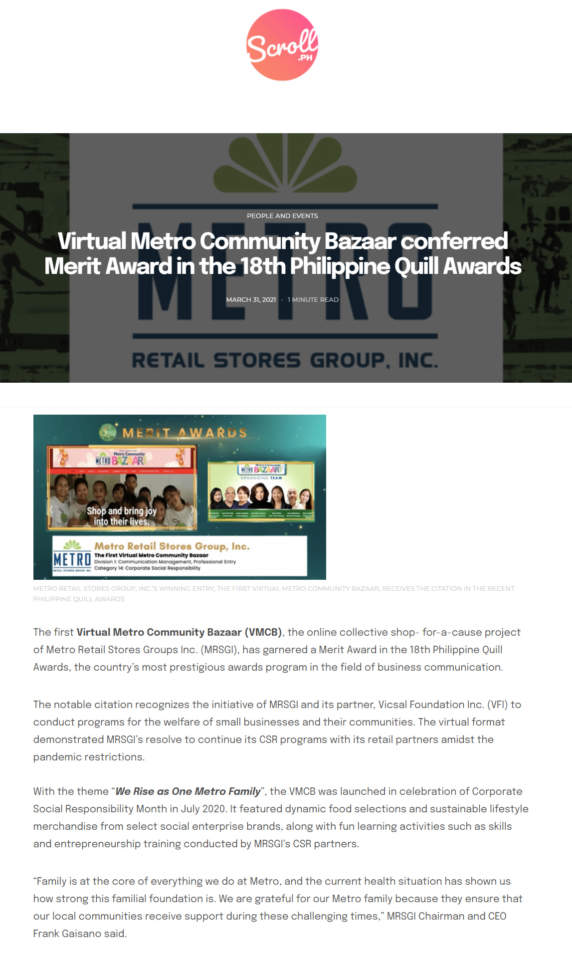 March 29 2021 Virtual Metro Community Bazaar conferred Merit Award in the 18th Philippine Quill Awards Scroll.ph