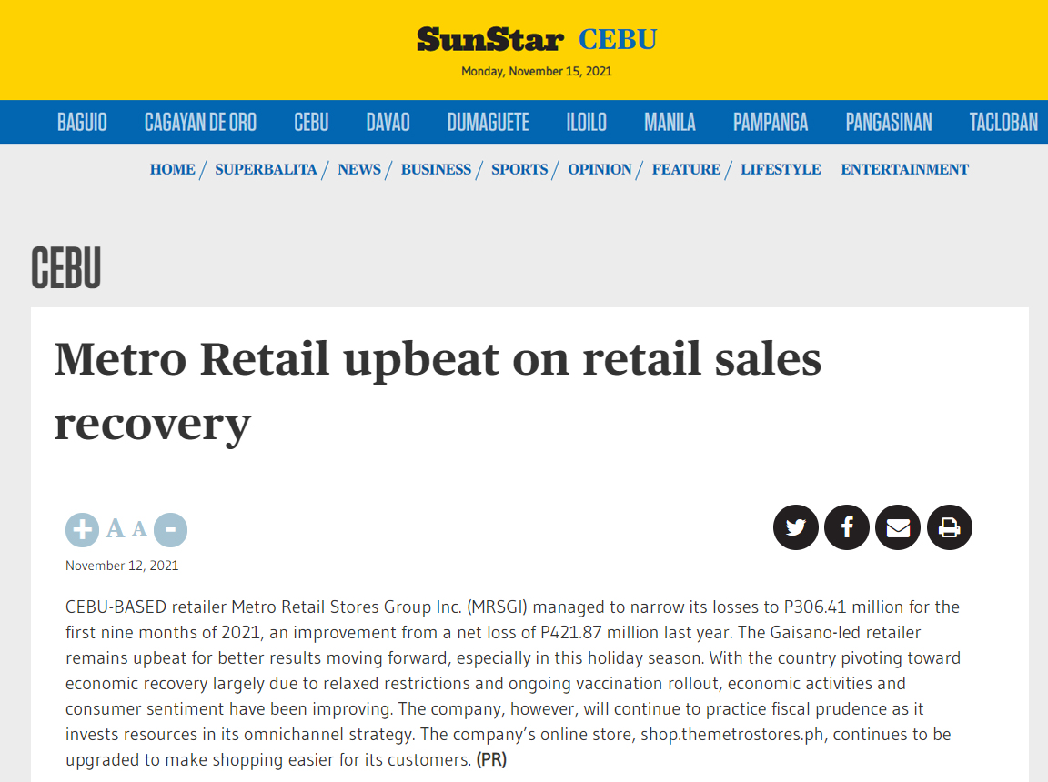 Nov 13 Metro Retail upbeat on retail sales recovery Sun Star Network