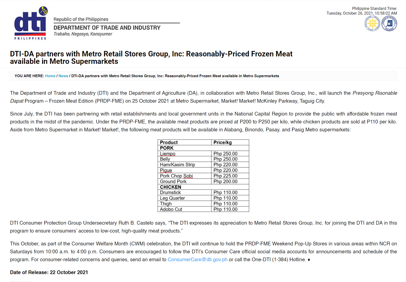 Oct 22 DTI and DA partners with Metro Retail Stores Group Inc Reasonably Priced Frozen Meat available in Metro Supermarkets