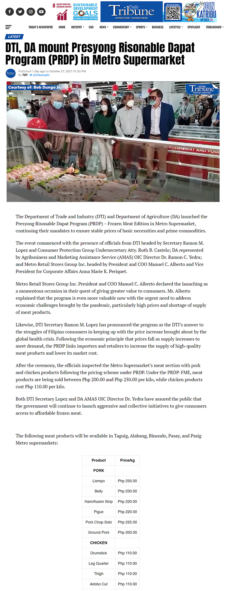 Oct 27 DTI DA mount Presyong Risonable Dapat Program PRDP in Metro Supermarket Philippines Daily Tribunewww.tribune.net.ph