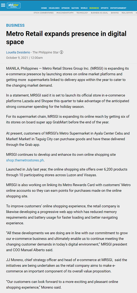 Oct 9 Metro Retail expands presence in digital space PhilStar Global